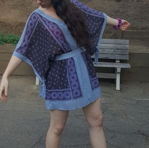 Free People kimono Style Patterned Blue Mini Dress